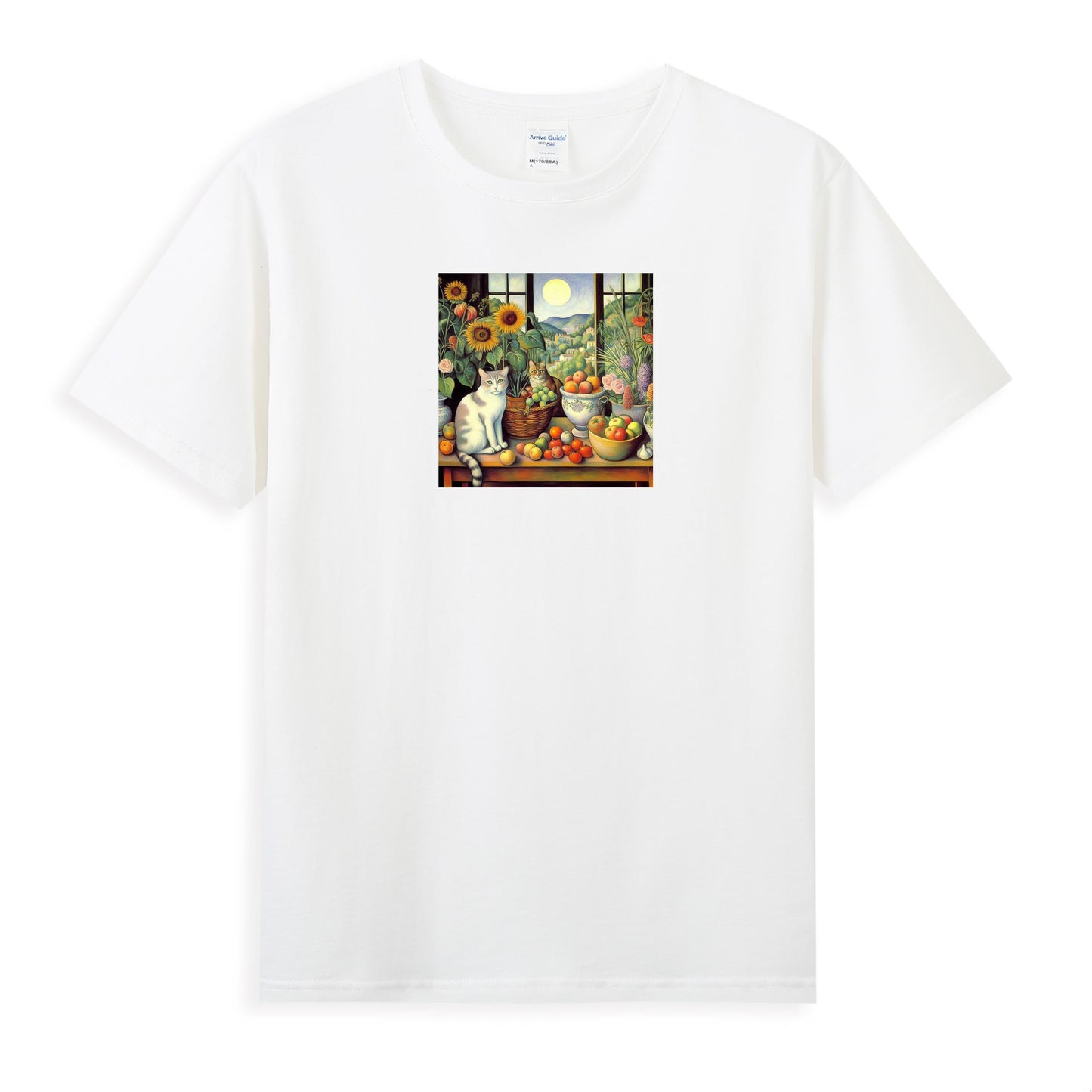 Women's 100% Cotton T-Shirt with Artistic Cat and Garden Design