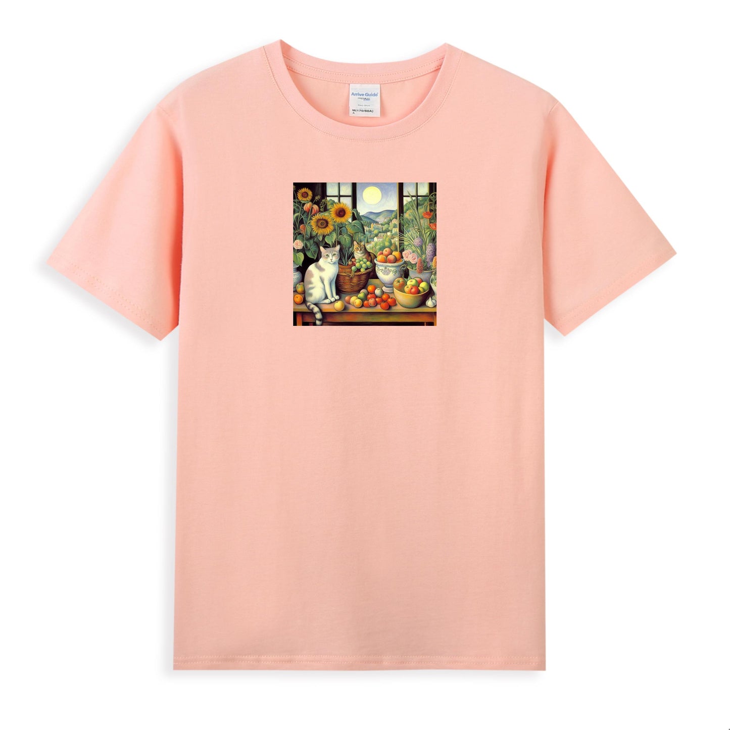 Women's 100% Cotton T-Shirt with Artistic Cat and Garden Design