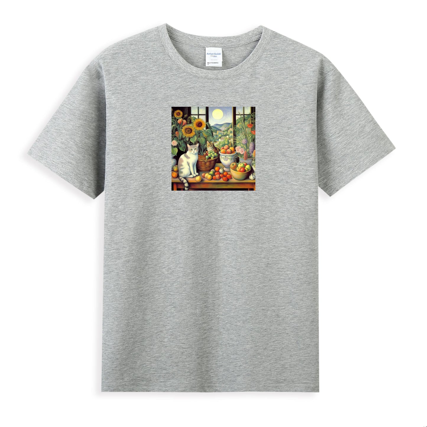 Women's 100% Cotton T-Shirt with Artistic Cat and Garden Design