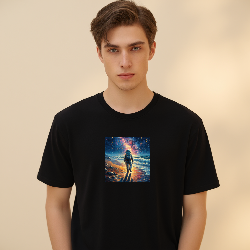 Astronaut's Celestial Beach Walk Cotton T-shirt 2