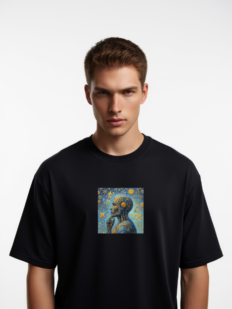 Men’s Graphic Tee with Futuristic Robot and Contemplative Art