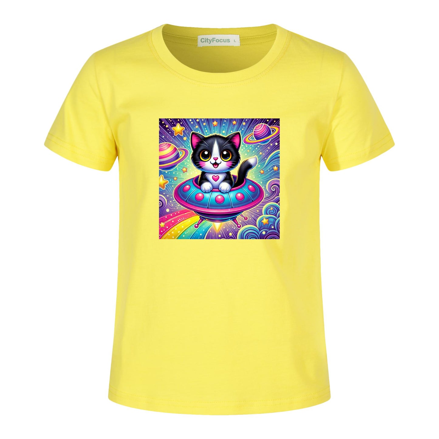 Girls' Artistic Cotton T-Shirt - Cat in a Spaceship 3