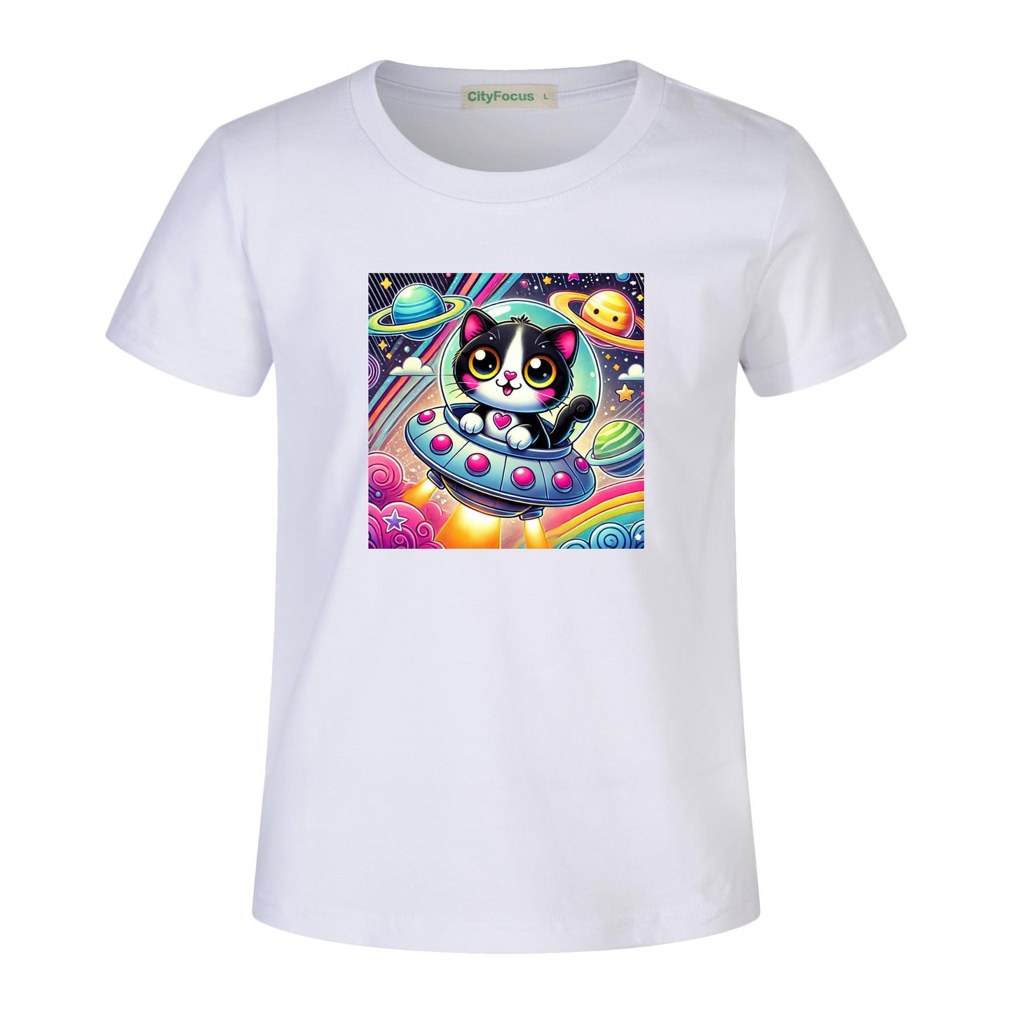 Girls' Artistic Cotton T-Shirt - Cat in a Spaceship 1