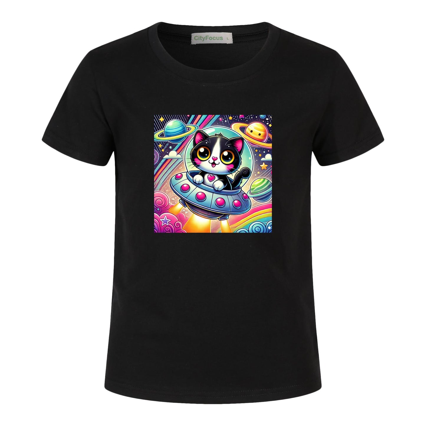 Girls' Artistic Cotton T-Shirt - Cat in a Spaceship 1