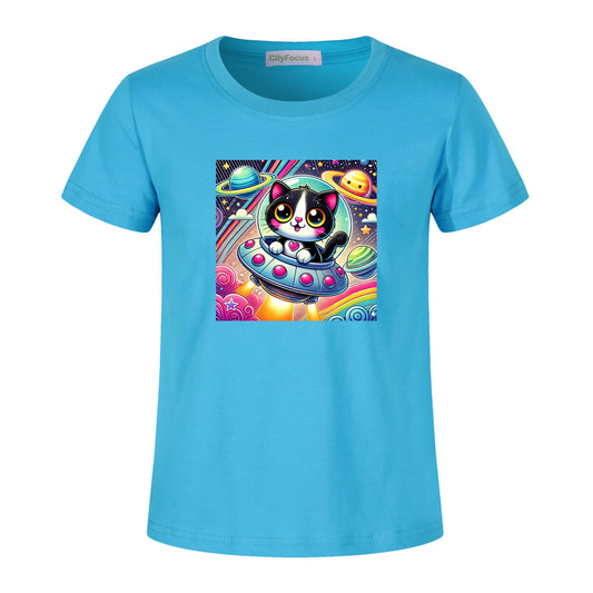 Girls' Artistic Cotton T-Shirt - Cat in a Spaceship 1