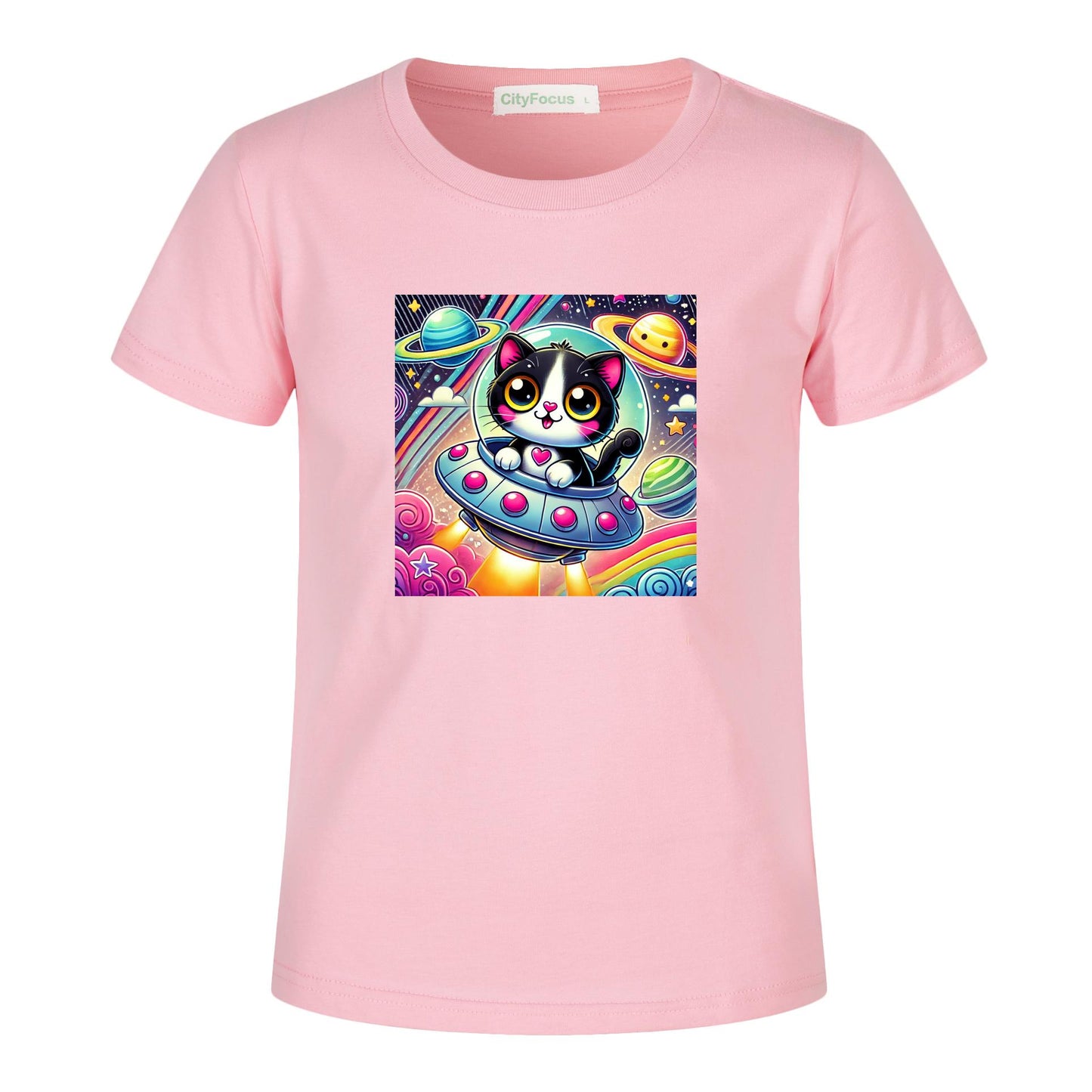 Girls' Artistic Cotton T-Shirt - Cat in a Spaceship 1