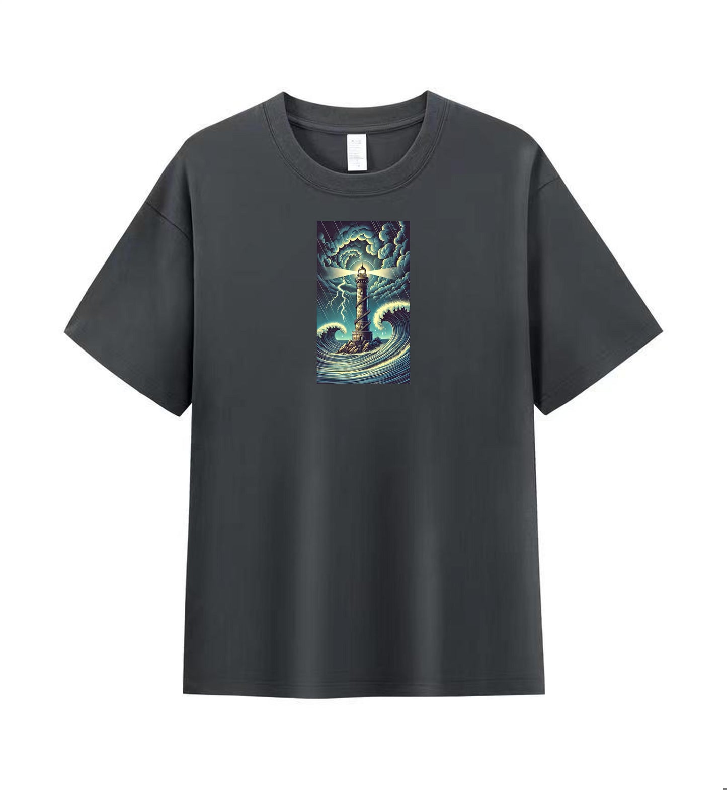 Men's Casual Tee with Bold Lighthouse and Wave Print