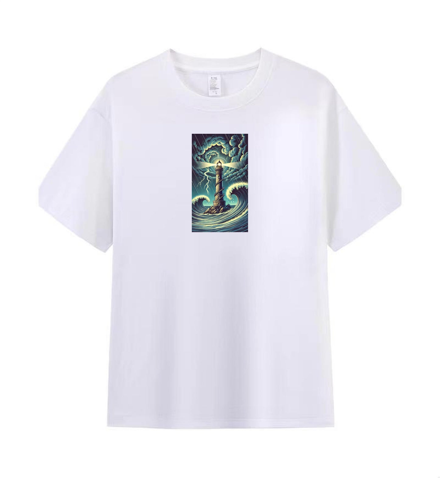 Men's Casual Tee with Bold Lighthouse and Wave Print