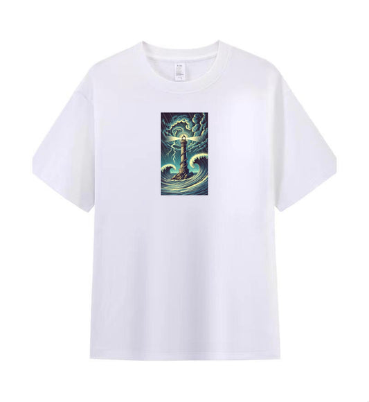 Men's Casual Tee with Bold Lighthouse and Wave Print