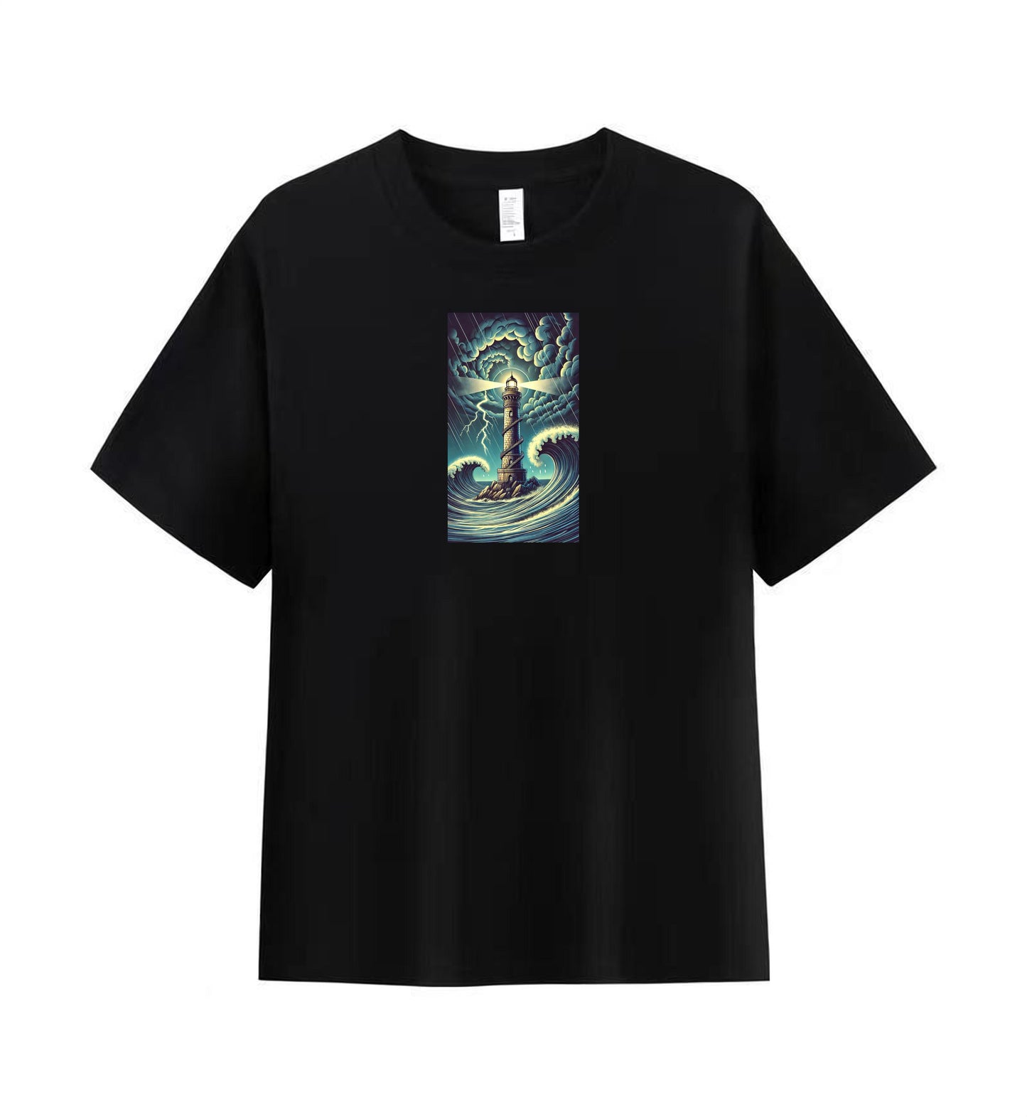 Men's Casual Tee with Bold Lighthouse and Wave Print