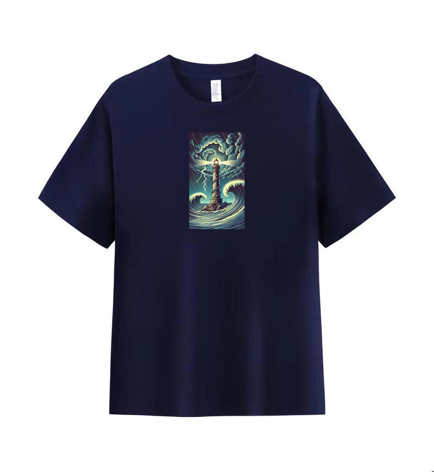 Men's Casual Tee with Bold Lighthouse and Wave Print