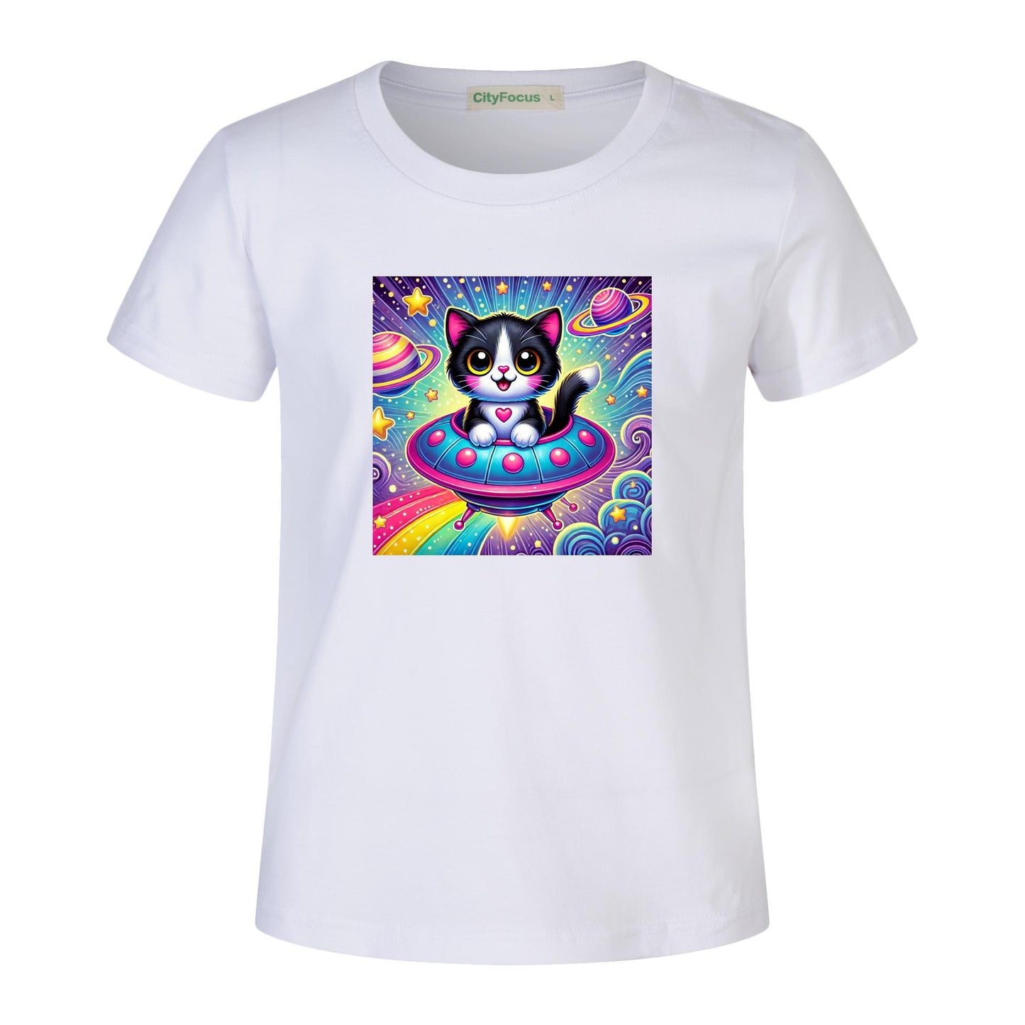 Girls' Artistic Cotton T-Shirt - Cat in a Spaceship 3