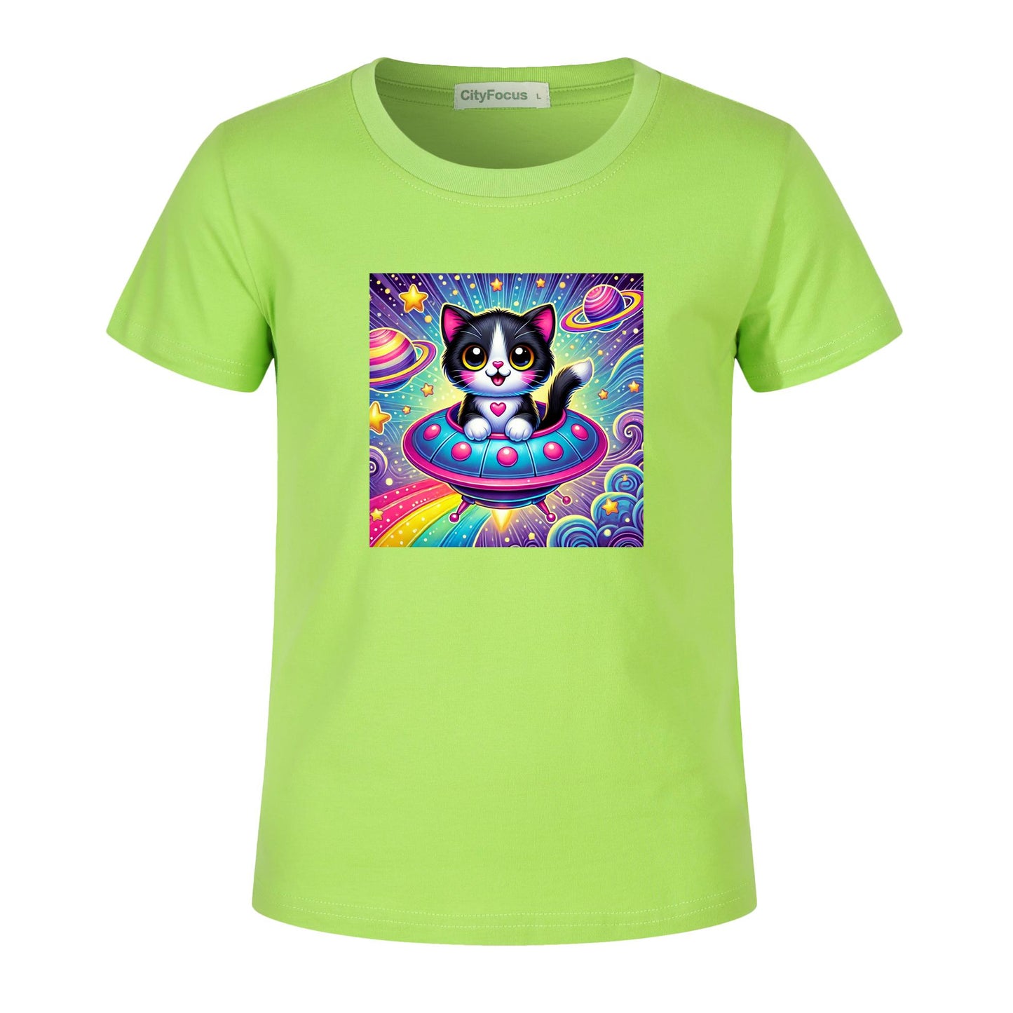 Girls' Artistic Cotton T-Shirt - Cat in a Spaceship 3