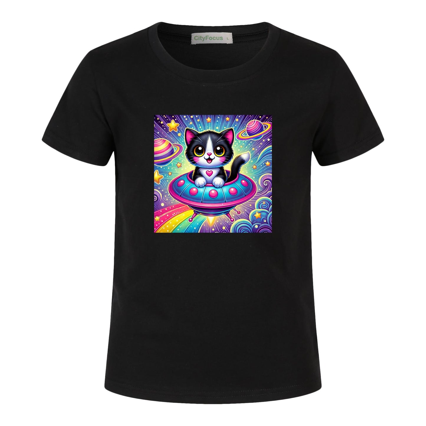 Girls' Artistic Cotton T-Shirt - Cat in a Spaceship 3