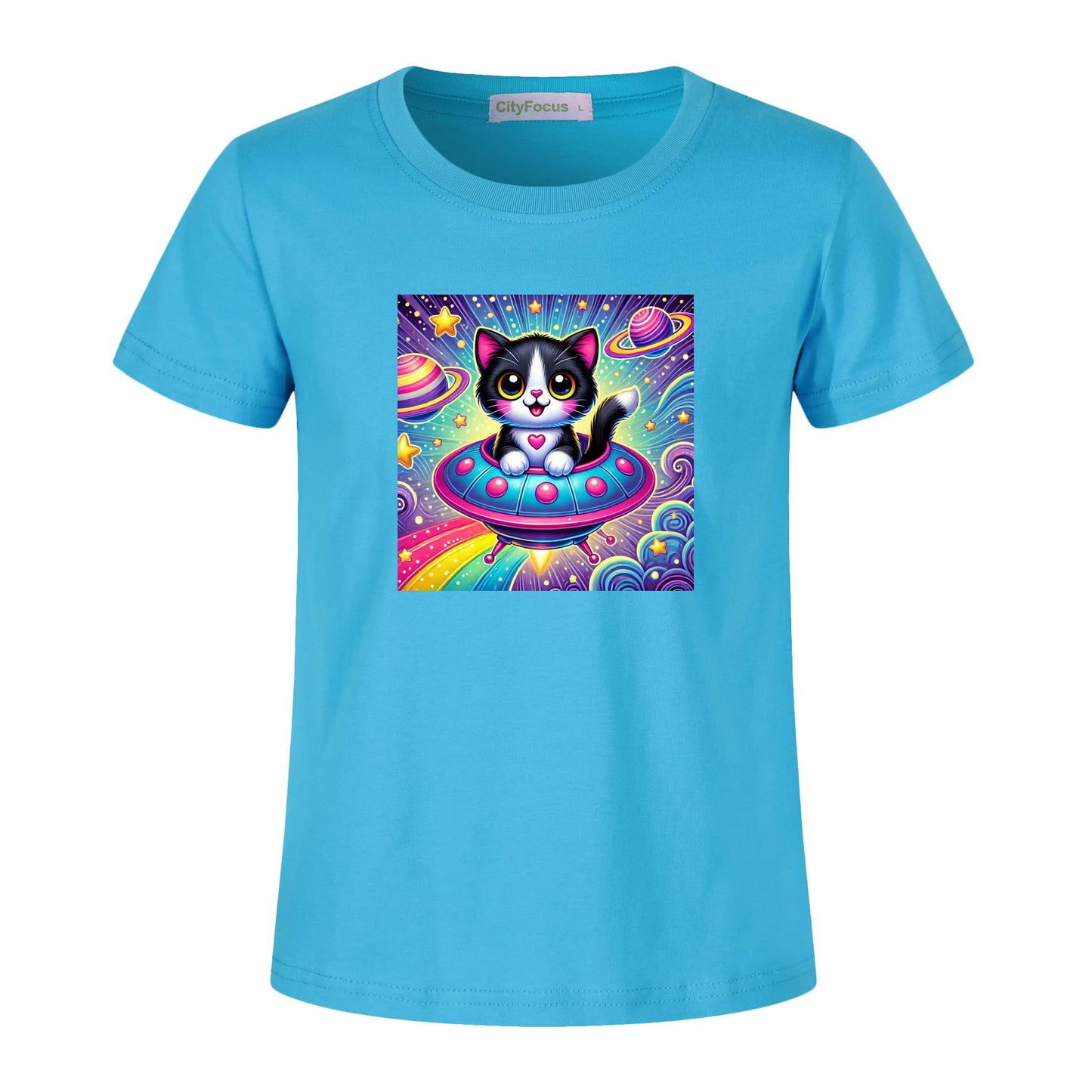 Girls' Artistic Cotton T-Shirt - Cat in a Spaceship 3