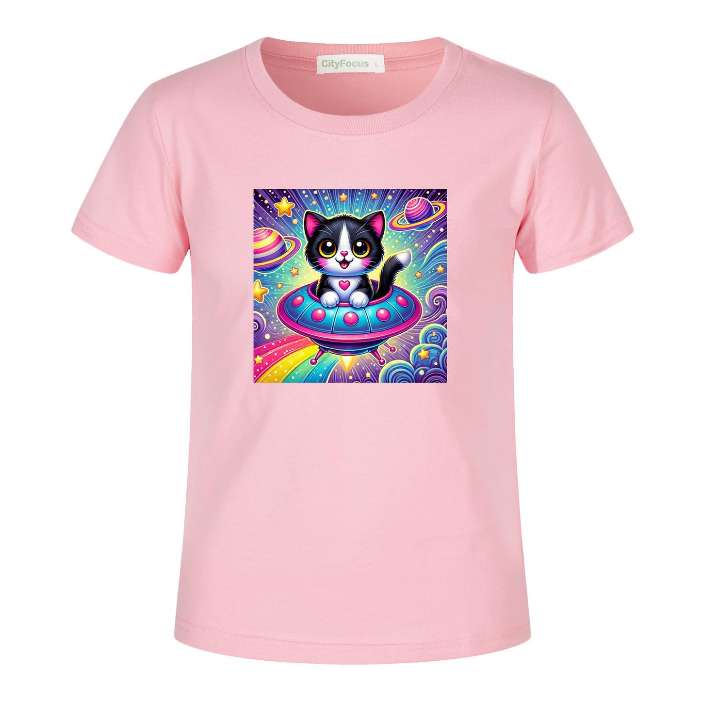 Girls' Artistic Cotton T-Shirt - Cat in a Spaceship 3