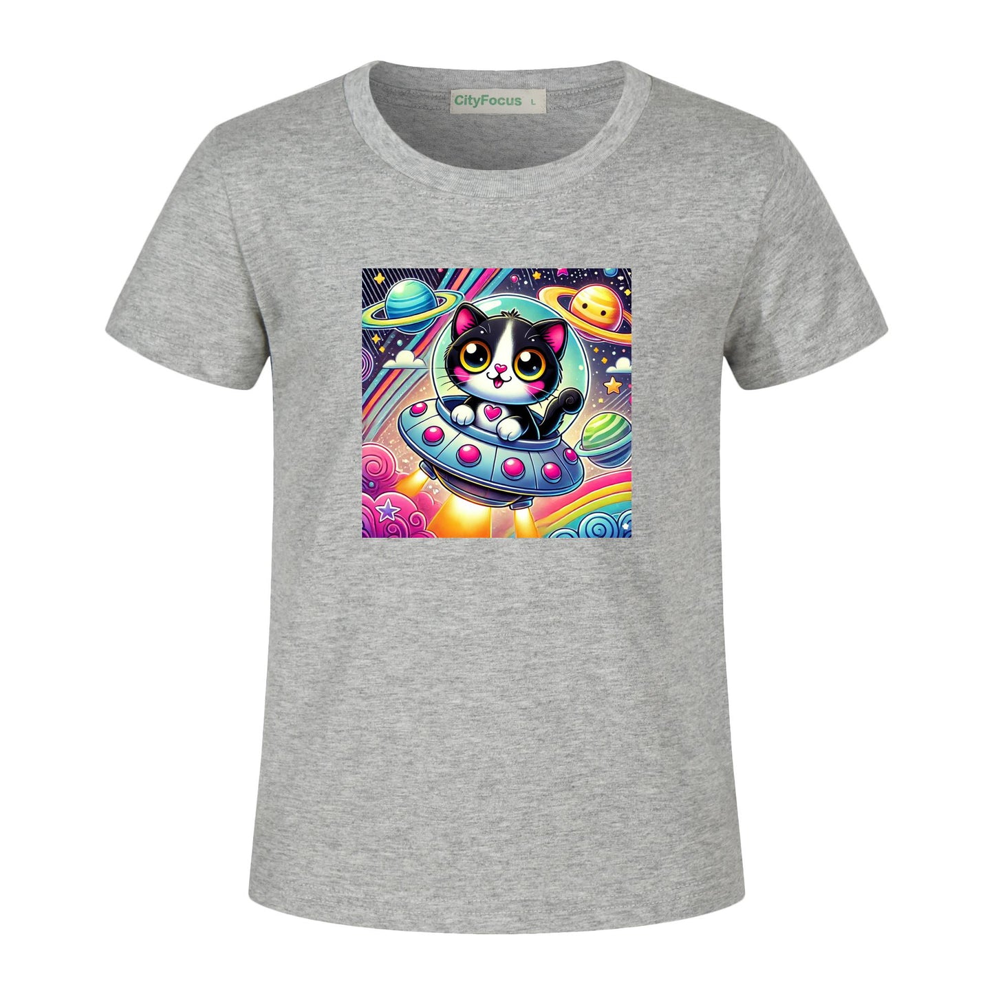 Girls' Artistic Cotton T-Shirt - Cat in a Spaceship 1