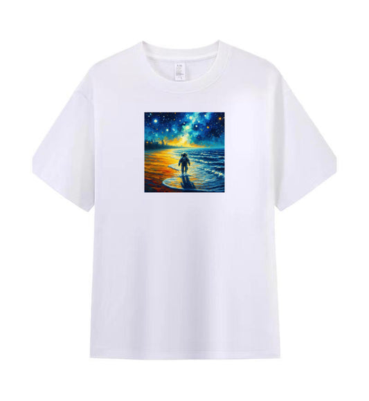 Astronaut's Celestial Beach Walk Cotton T-shirt 1