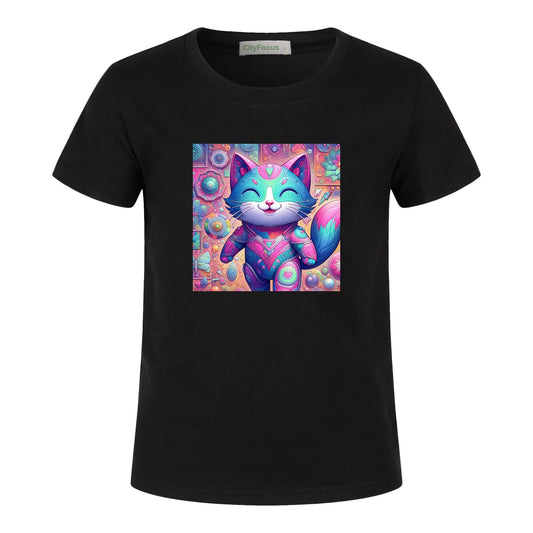 Kids' Artistic Cotton Tee - Fun and Colorful Cat