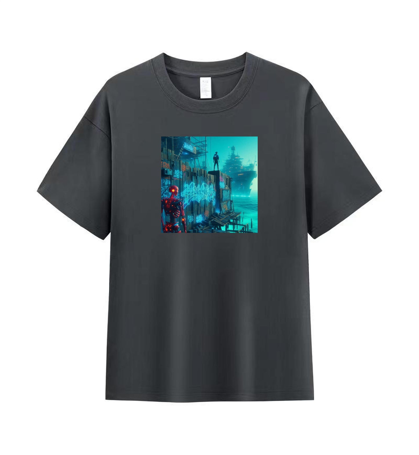 Men's Cotton T-Shirt with Futuristic Sci-Fi Cityscape Design