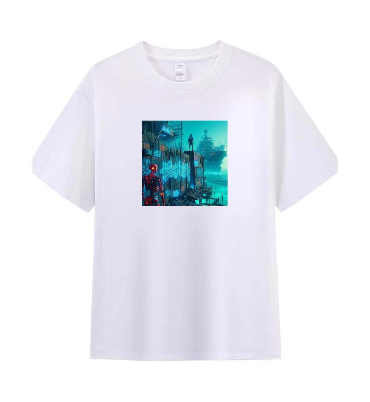 Men's Cotton T-Shirt with Futuristic Sci-Fi Cityscape Design