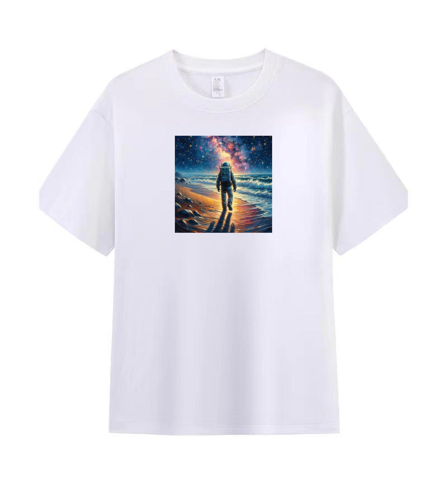 Astronaut's Celestial Beach Walk Cotton T-shirt 2