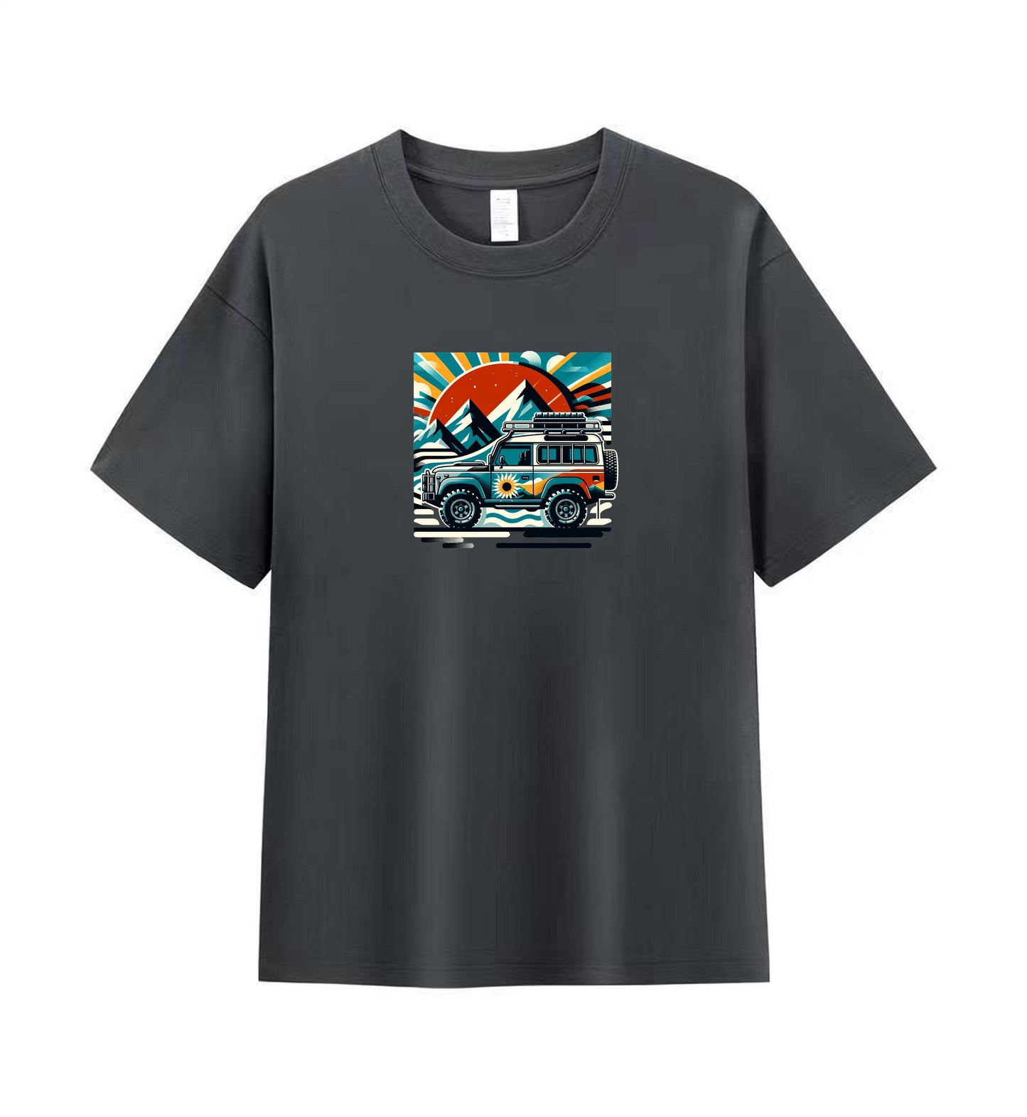 Premium Cotton Men's T-Shirt with Adventure Vehicle and Mountain Scene