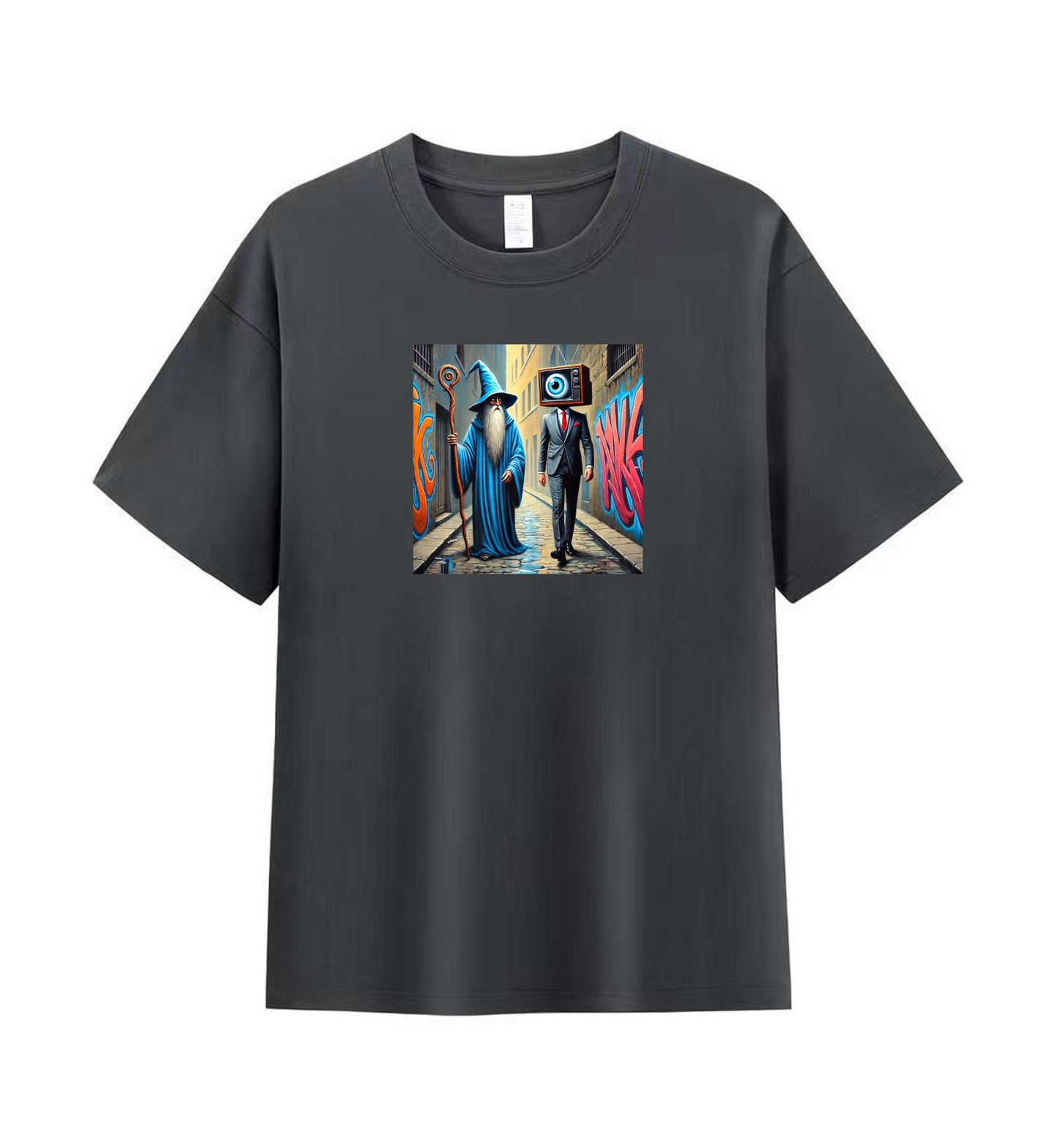 Men's Graphic Tee with Surreal Fantasy and Urban Street Art