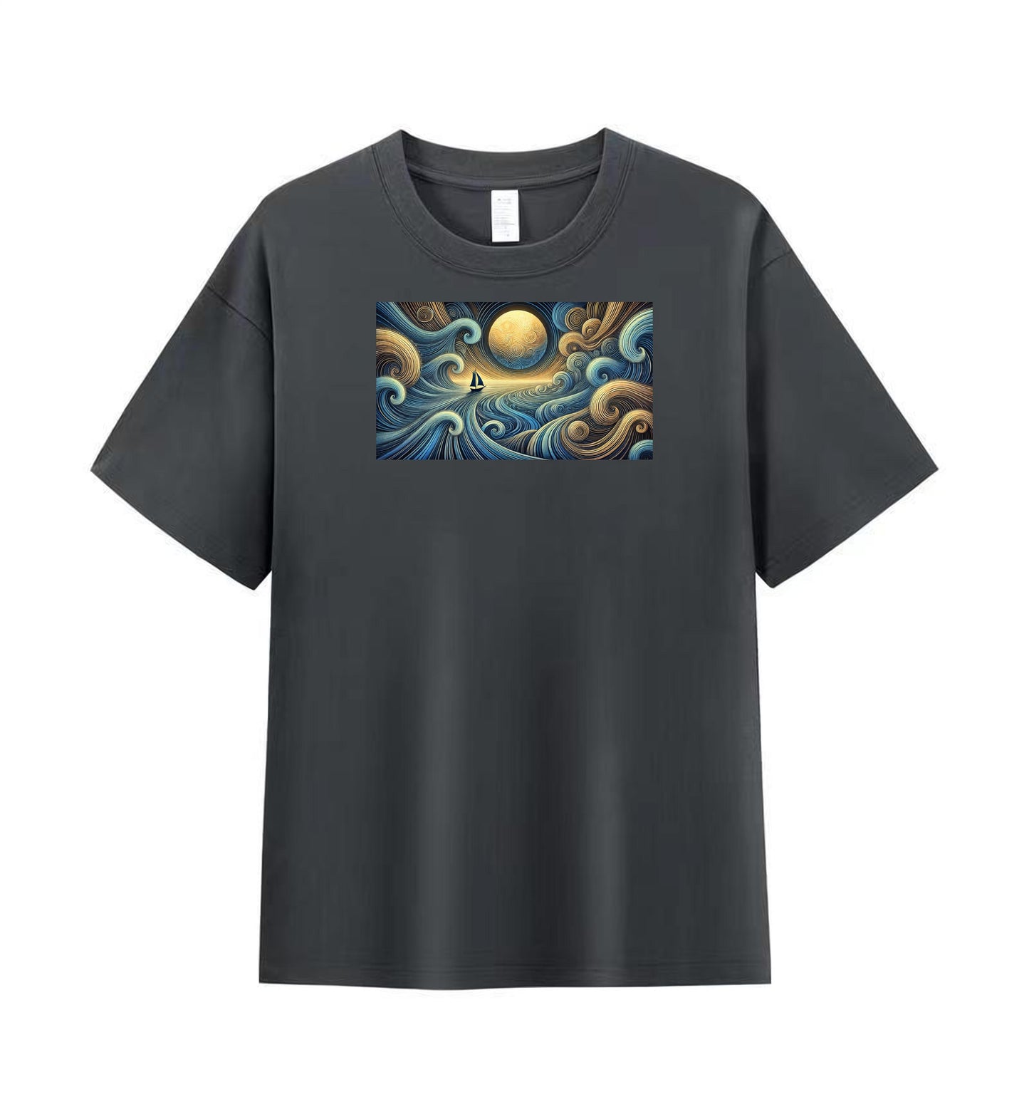 Men's Cotton T-Shirt with Mystical Ocean and Moon Design