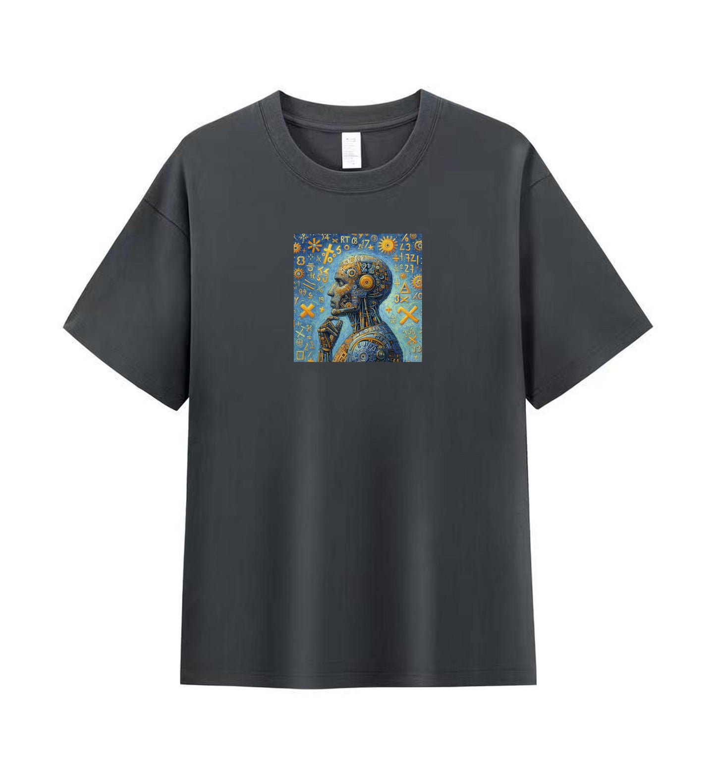 Men’s Graphic Tee with Futuristic Robot and Contemplative Art