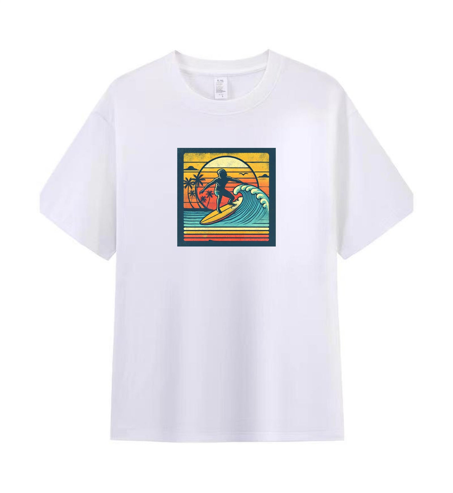 Men's Cotton T-Shirt with Retro Surfing and Sunset Design