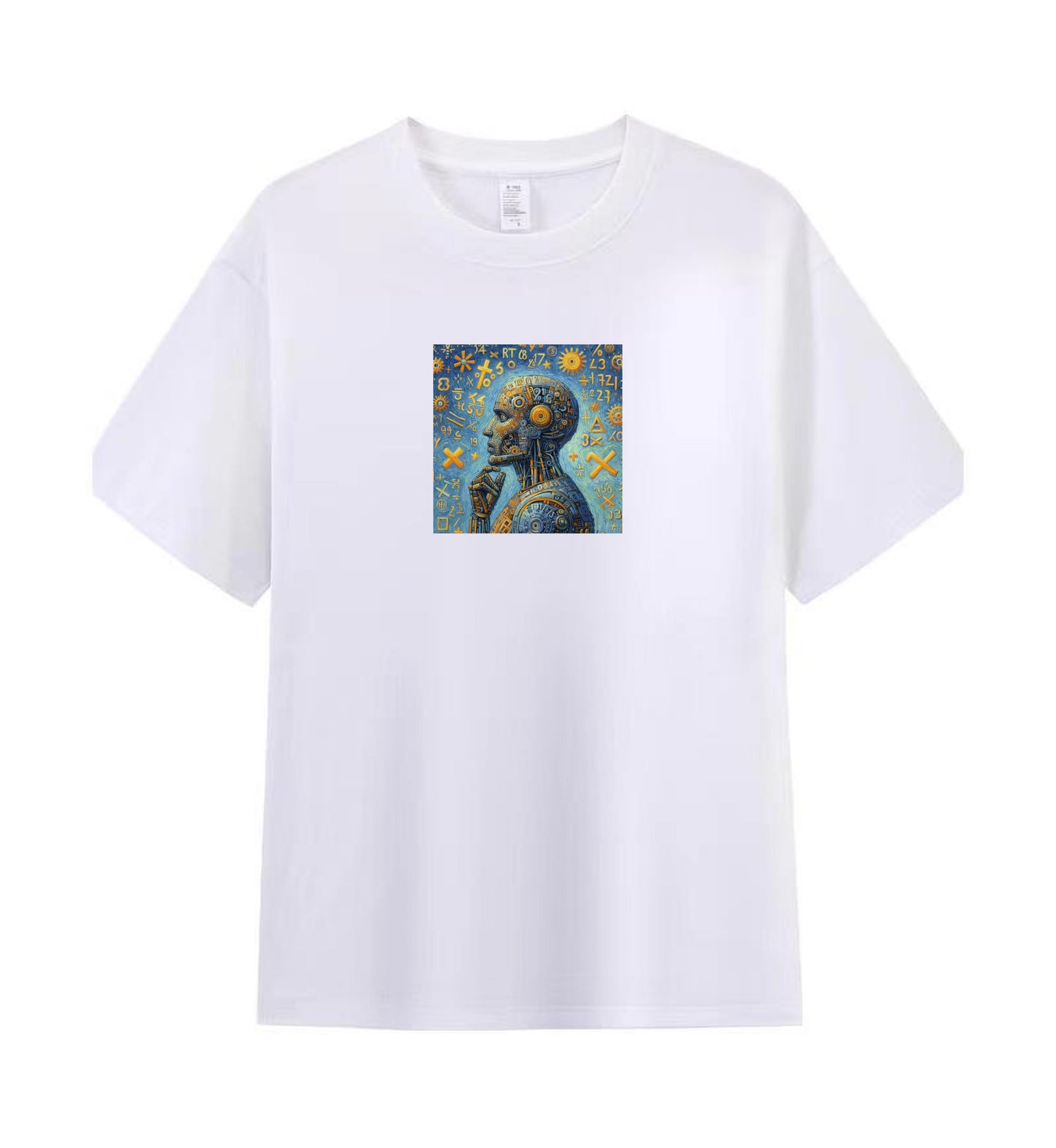 Men’s Graphic Tee with Futuristic Robot and Contemplative Art