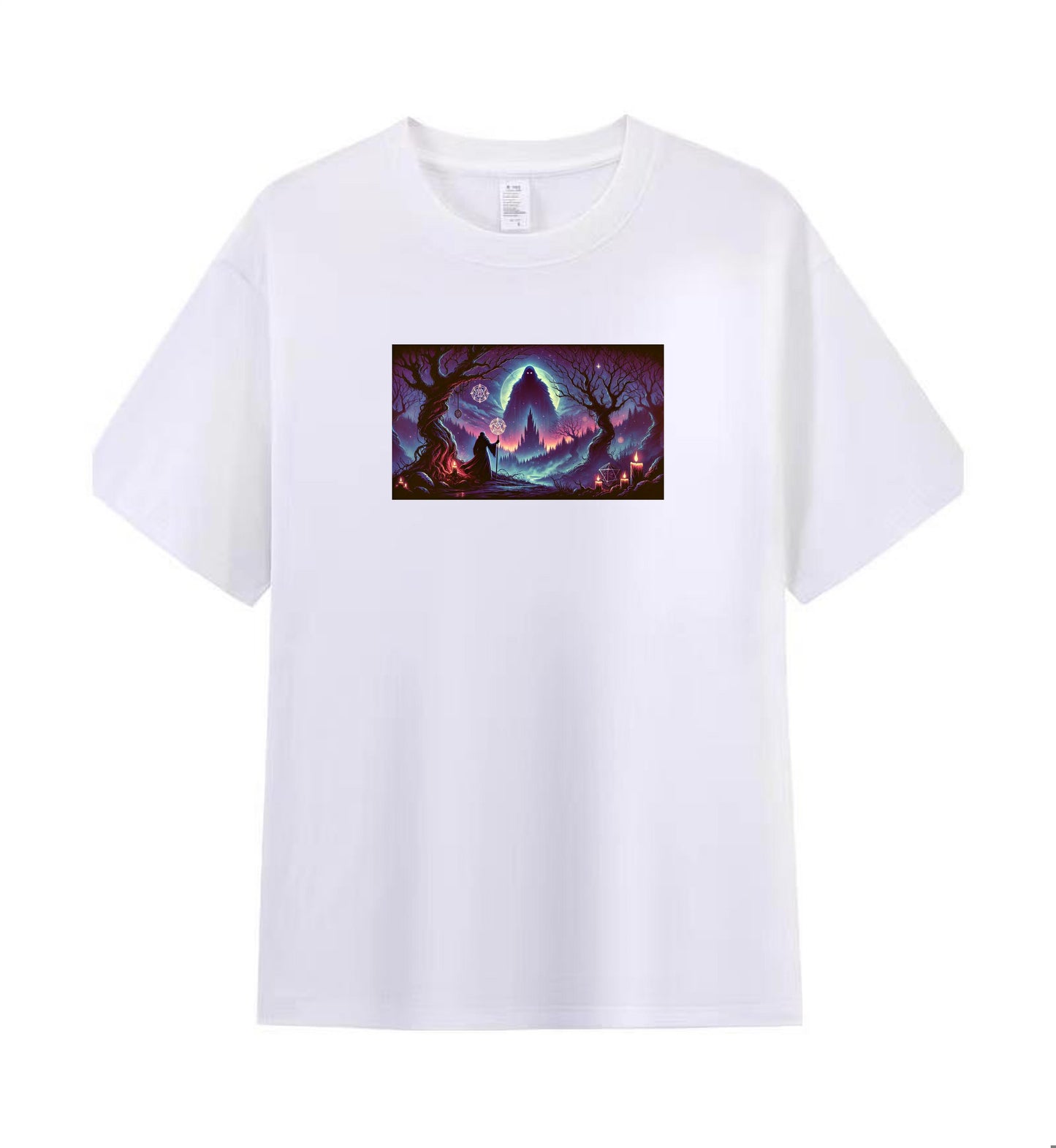 Men's Graphic Tee with Fantasy Mountain and Mysterious Forest Design