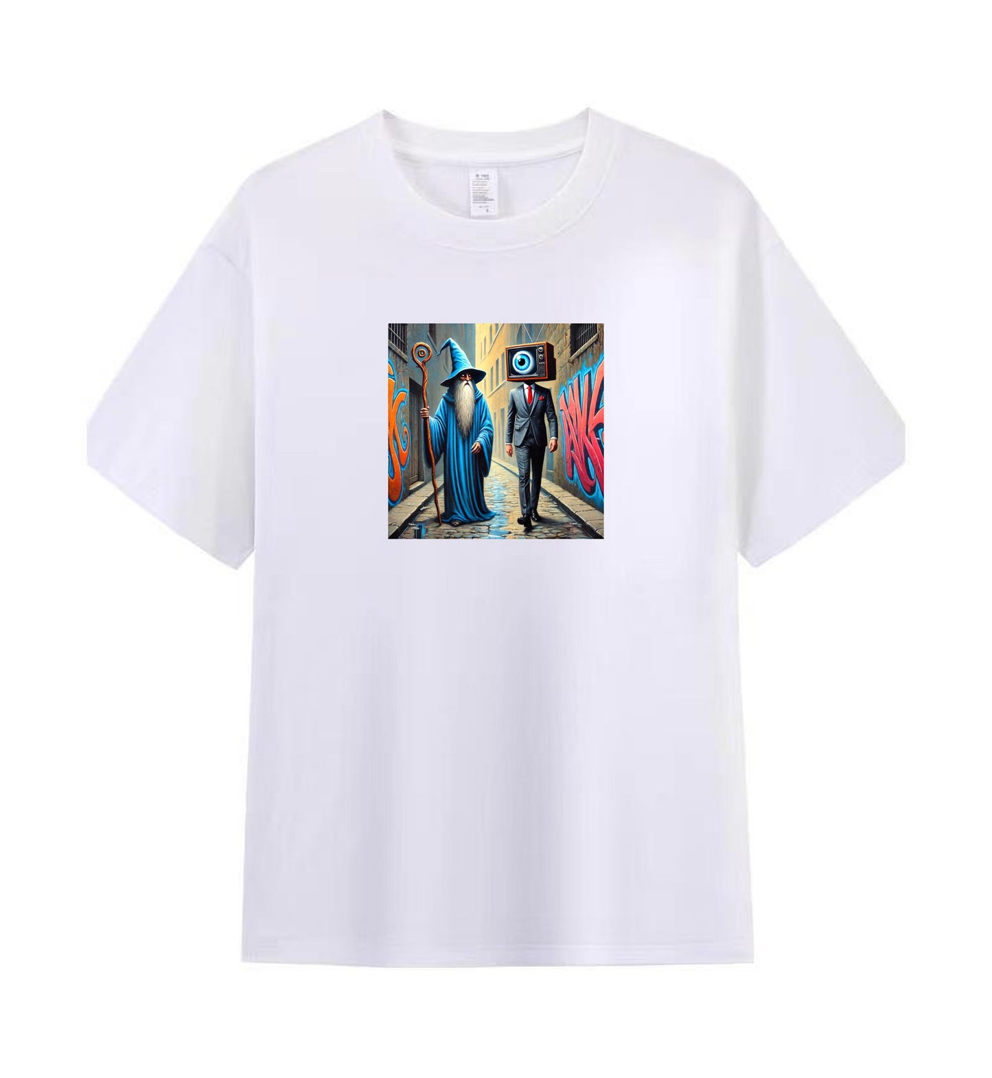 Men's Graphic Tee with Surreal Fantasy and Urban Street Art