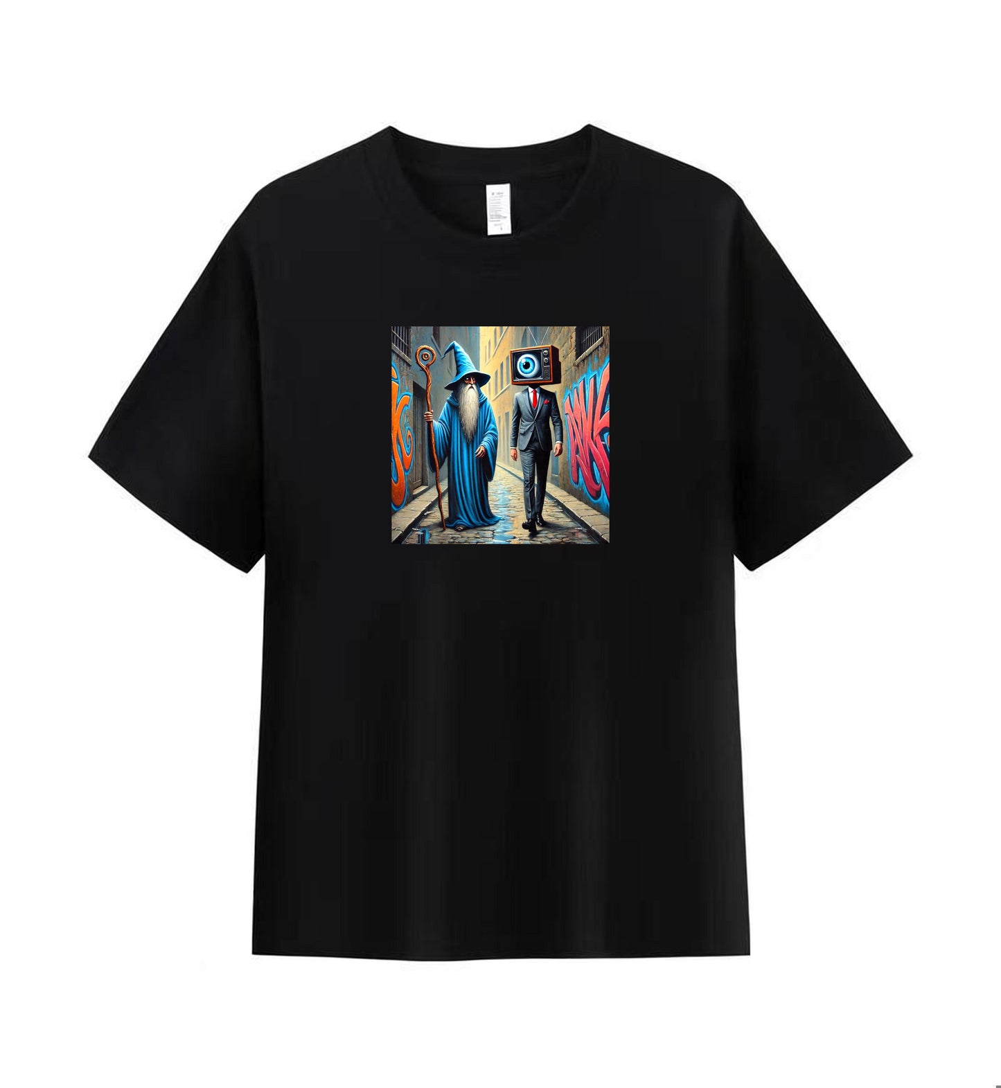 Men's Graphic Tee with Surreal Fantasy and Urban Street Art