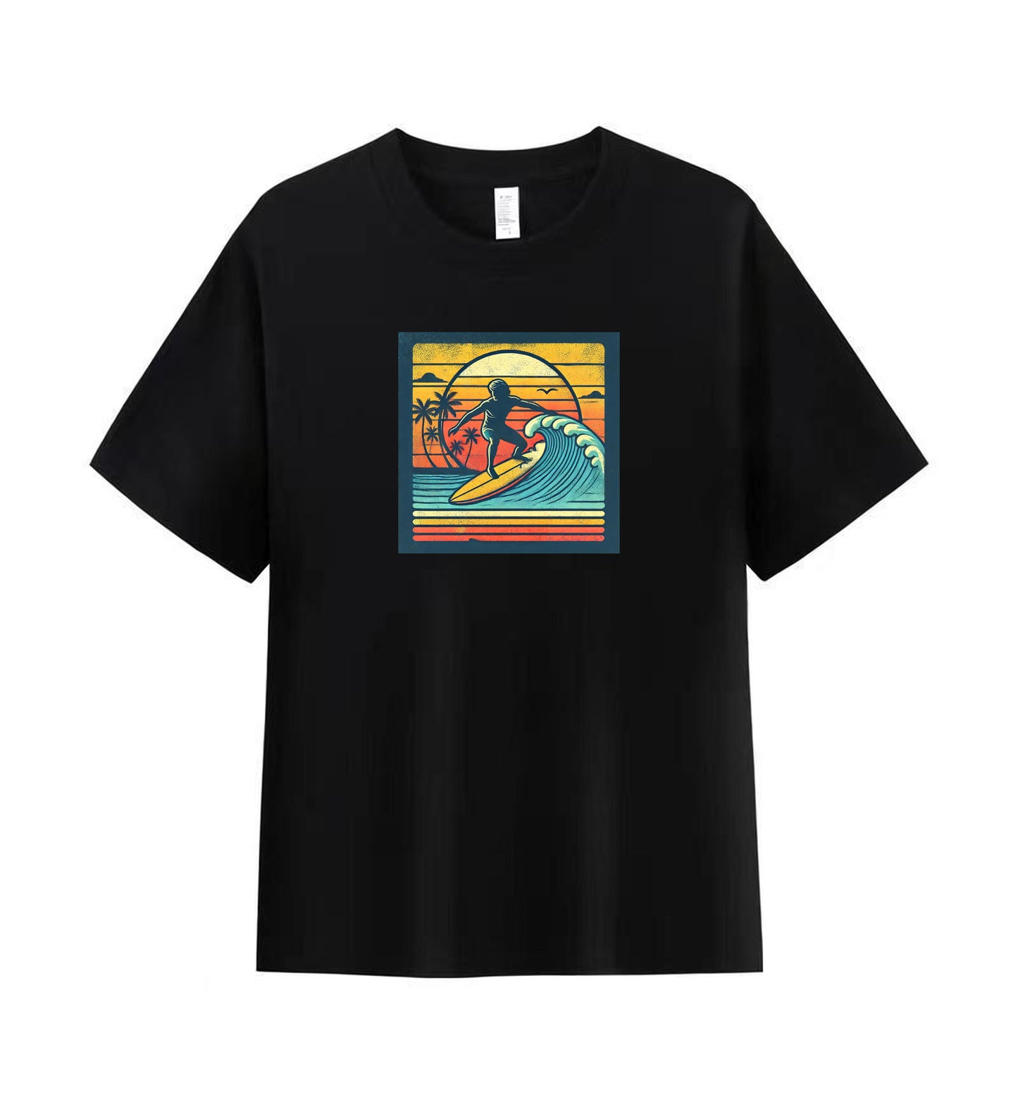 Men's Cotton T-Shirt with Retro Surfing and Sunset Design