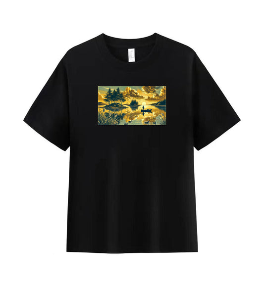 Men’s 100% Cotton T-Shirt with Tranquil Sunset Lake Design