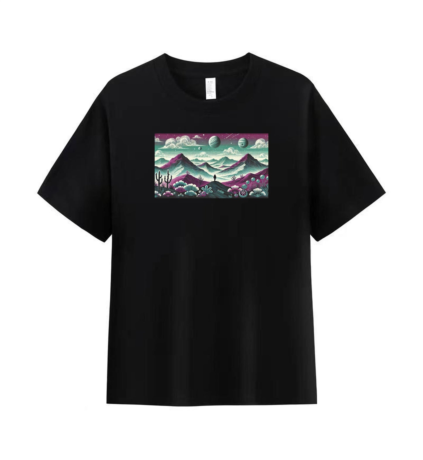 Men's Cotton T-Shirt with Futuristic Mountain Landscape Design