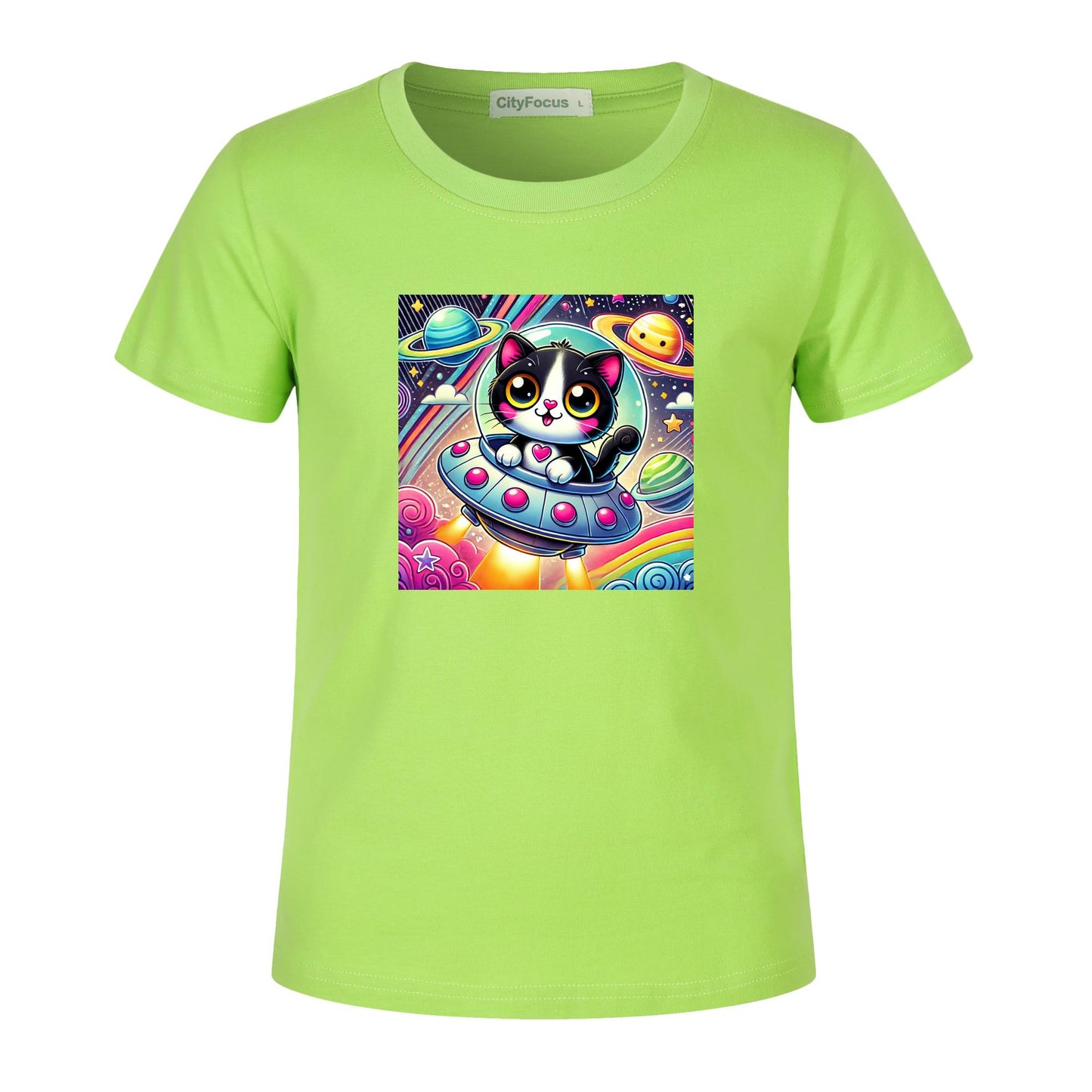 Girls' Artistic Cotton T-Shirt - Cat in a Spaceship 1