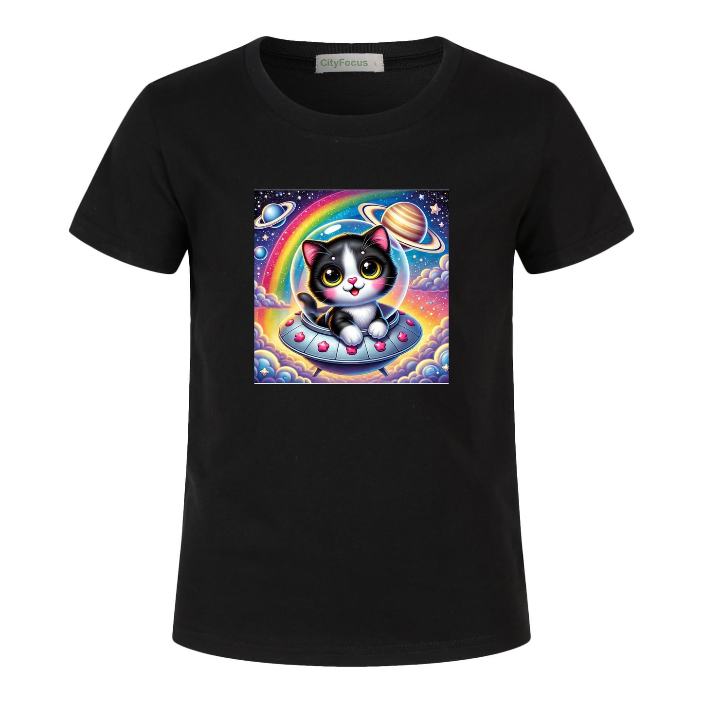 Girls' Artistic Cotton T-Shirt - Cat in a Spaceship 4