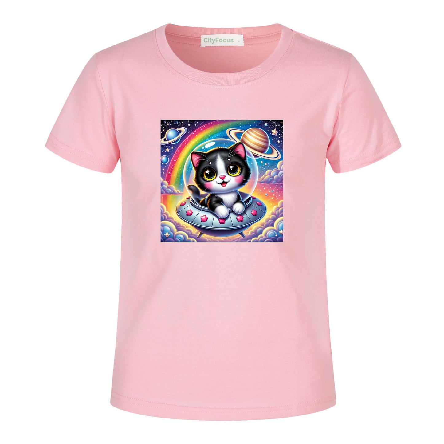 Girls' Artistic Cotton T-Shirt - Cat in a Spaceship 4