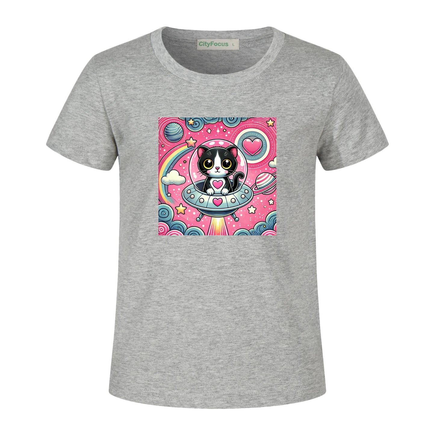 Girls' Artistic Cotton T-Shirt - Cat in a Spaceship 2