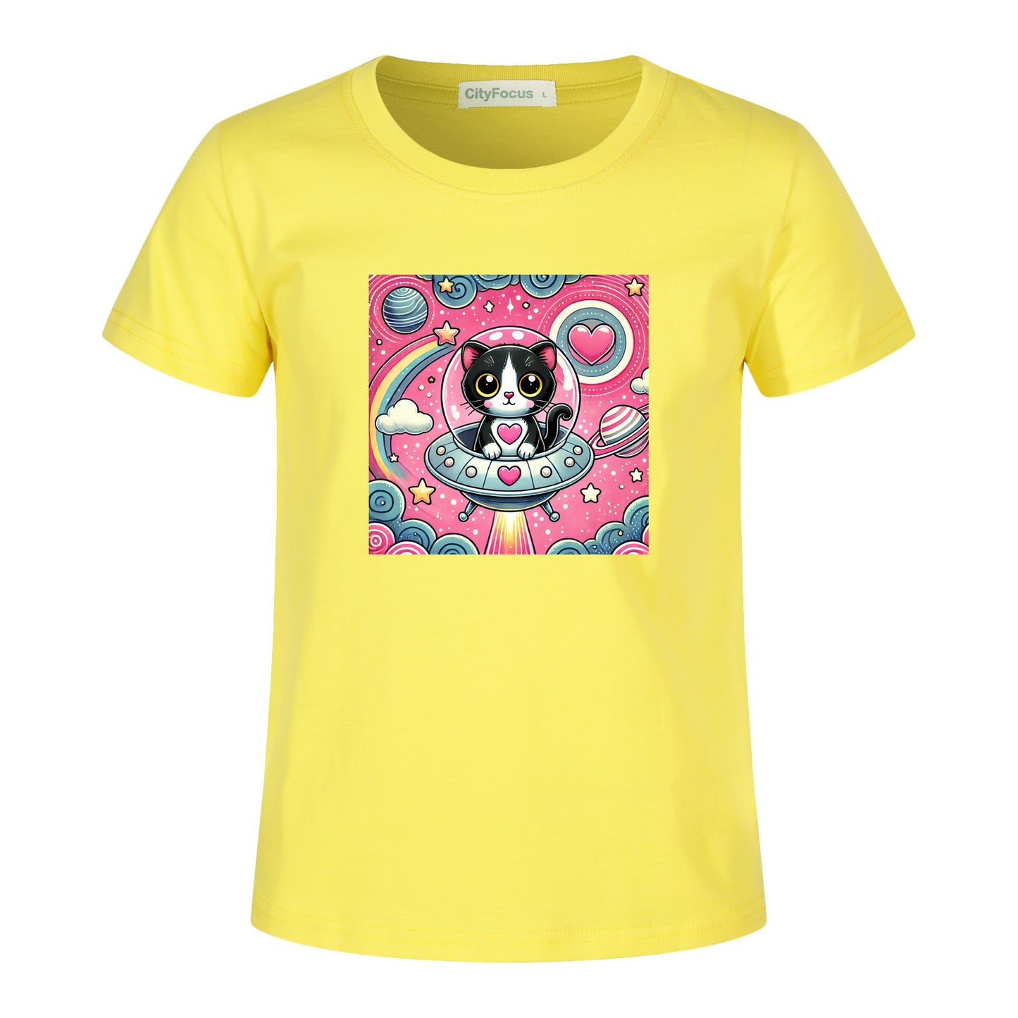 Girls' Artistic Cotton T-Shirt - Cat in a Spaceship 2