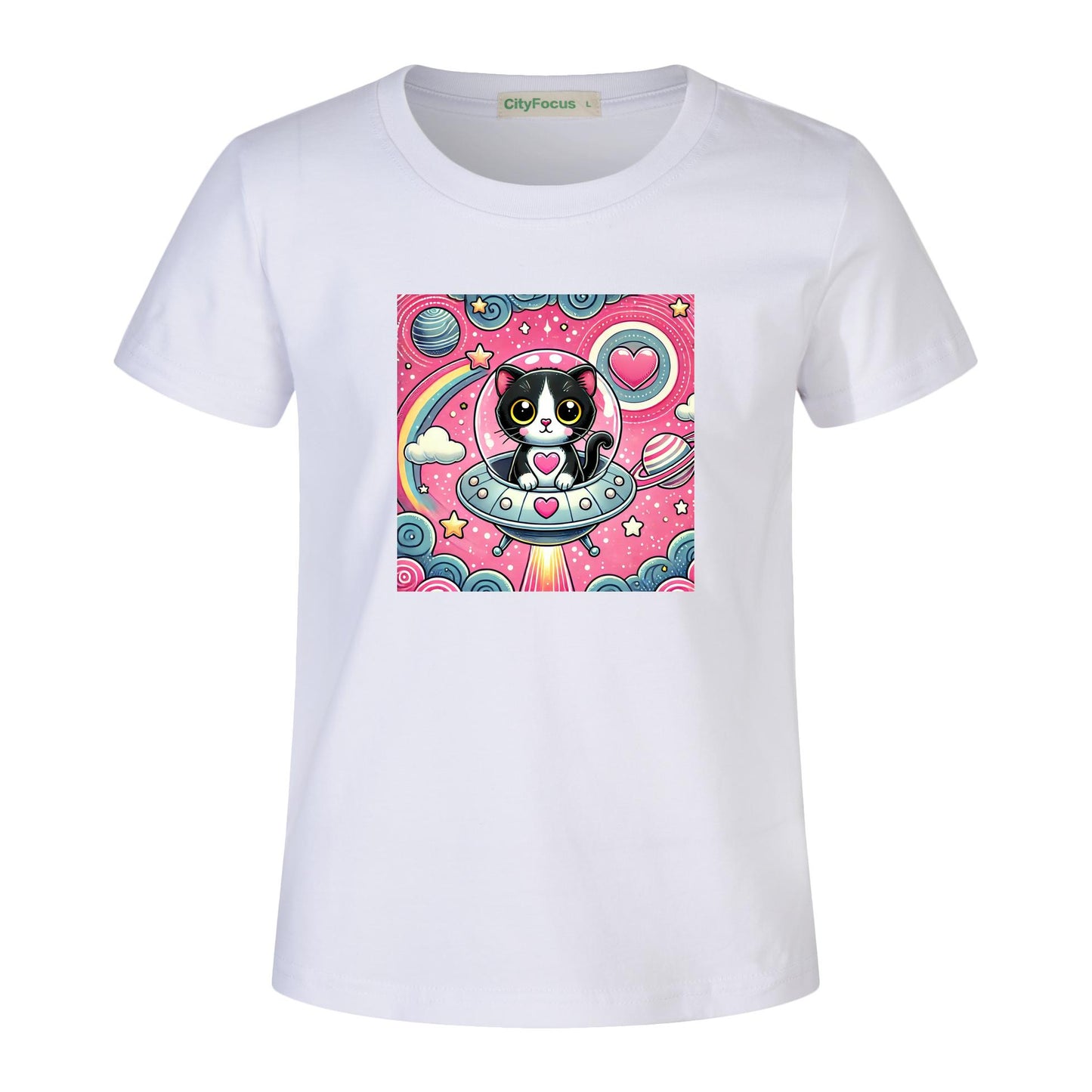 Girls' Artistic Cotton T-Shirt - Cat in a Spaceship 2