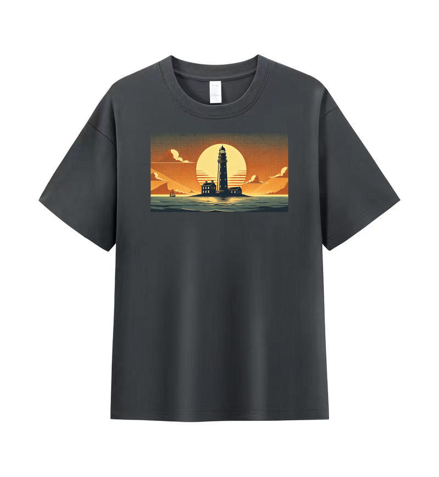 Men's 100% Cotton T-Shirt - Serene Lighthouse at Sunset Graphic