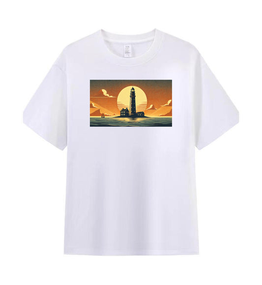 Men's 100% Cotton T-Shirt - Serene Lighthouse at Sunset Graphic