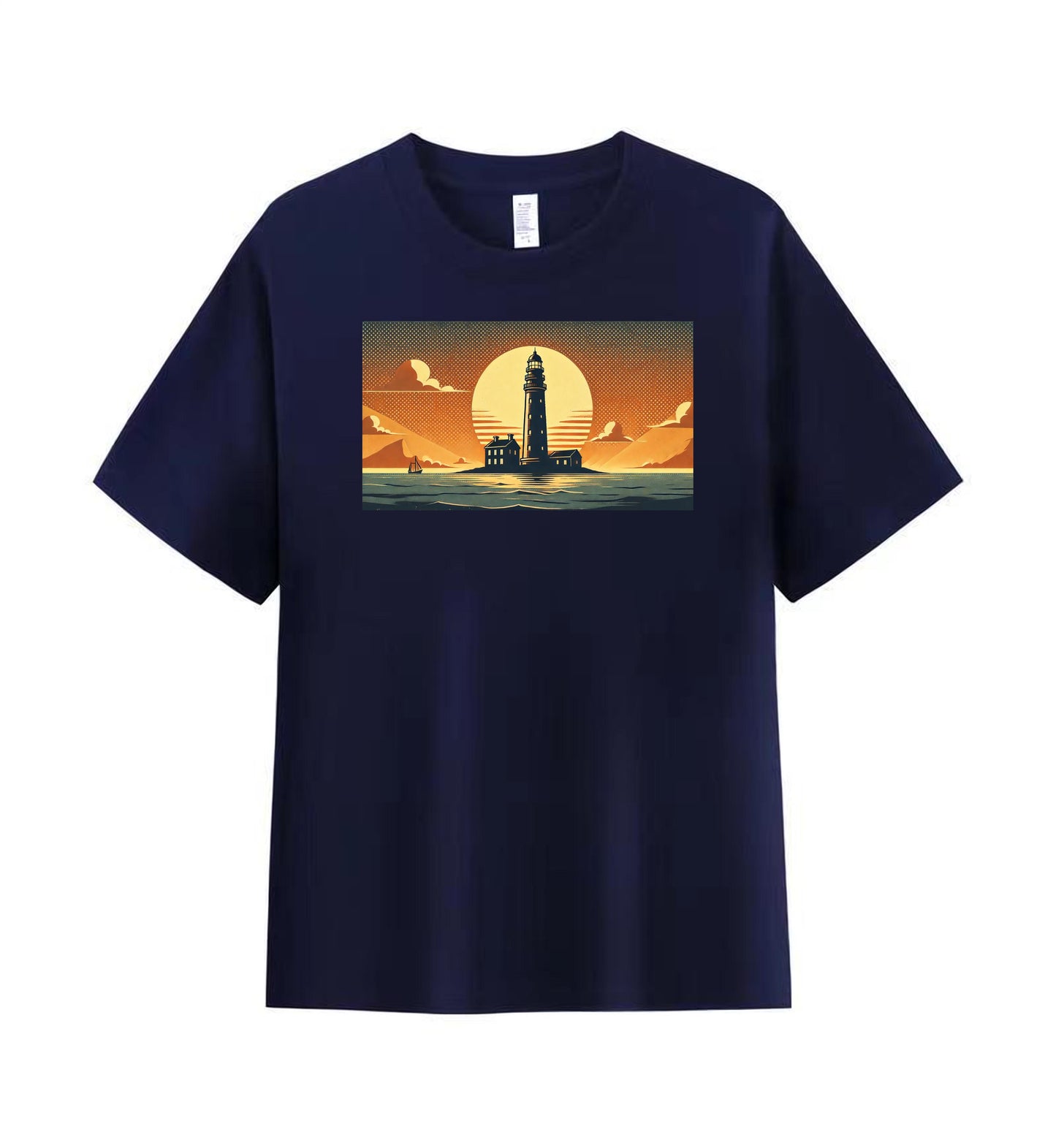 Men's 100% Cotton T-Shirt - Serene Lighthouse at Sunset Graphic