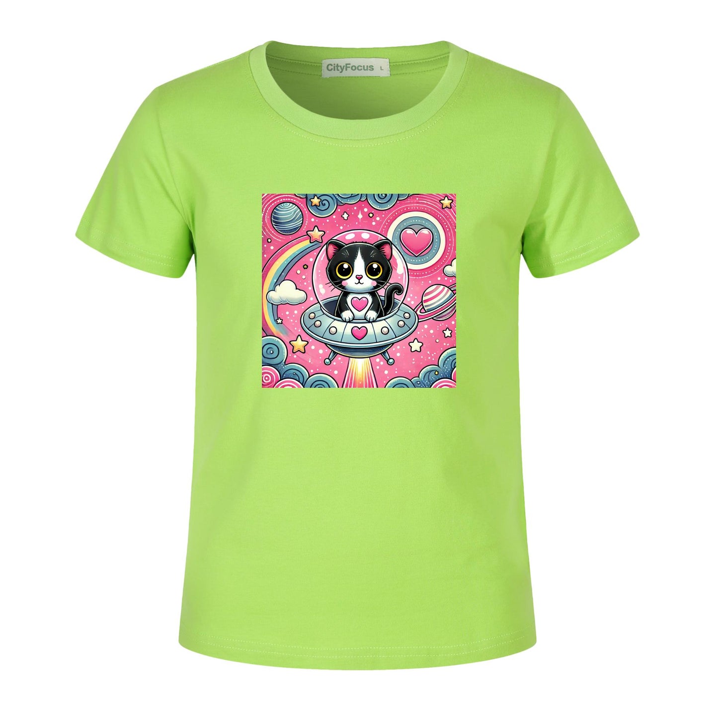 Girls' Artistic Cotton T-Shirt - Cat in a Spaceship 2