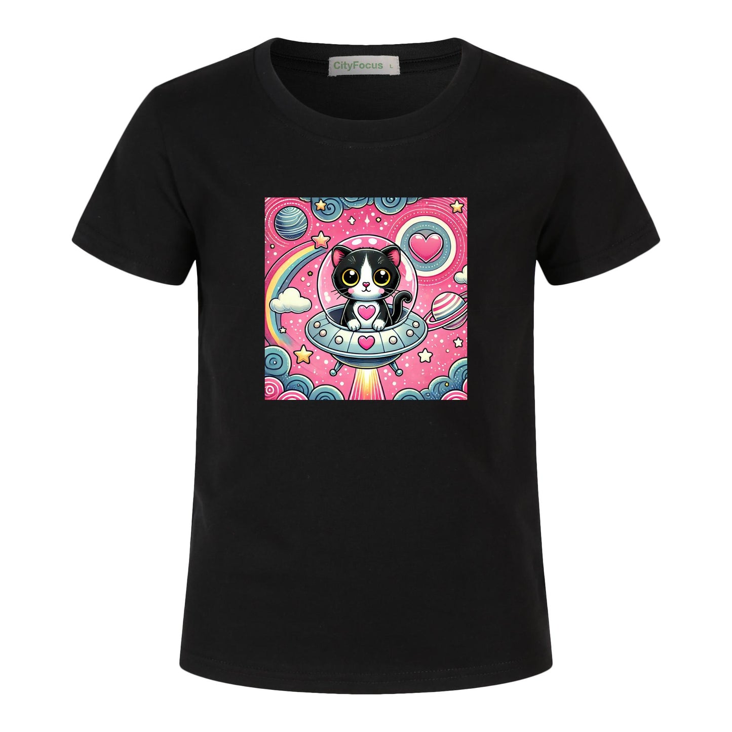 Girls' Artistic Cotton T-Shirt - Cat in a Spaceship 2