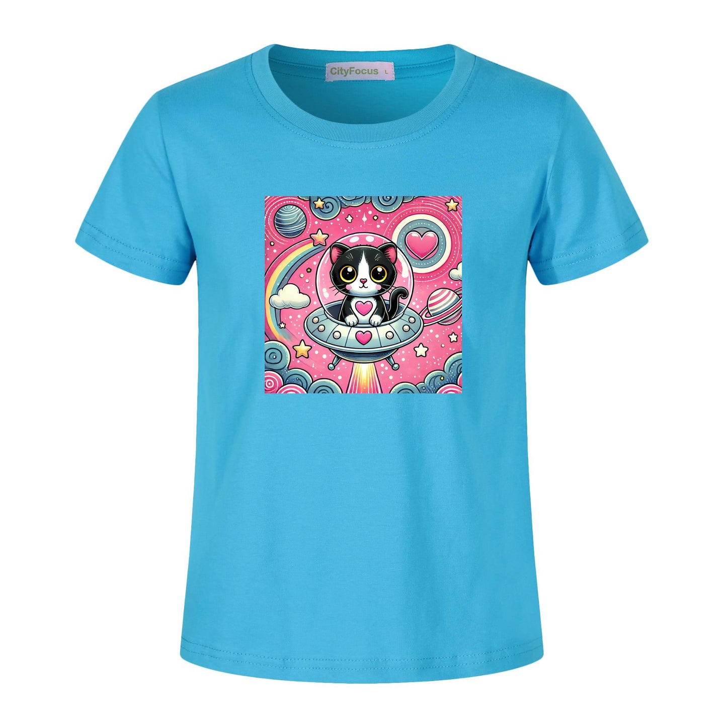 Girls' Artistic Cotton T-Shirt - Cat in a Spaceship 2